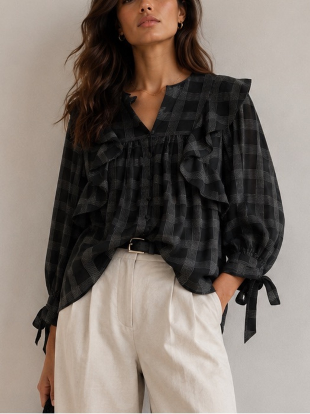 Loft plaid ruffle blouse